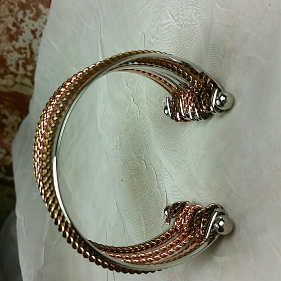 Tri-Tone Wire Cuff Bangle Bracelet Silver Gold Copper Twisted Metal Boho Chic - Picture 3 of 7